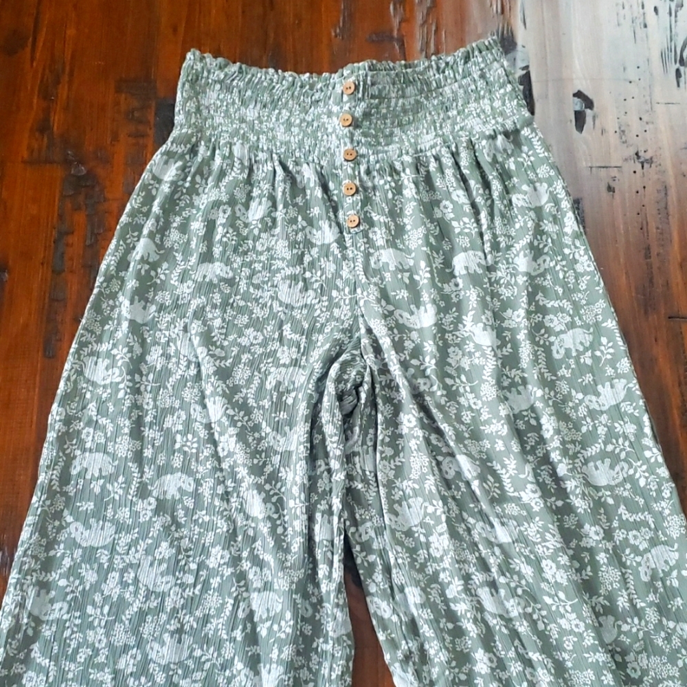 Pink Rose Pale Green Floral Elephant Wide-Leg Flowy Pants Size S - New